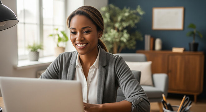 Confident young businesswoman enjoying the flexibility of remote work, smiling while using her laptop in a bright and stylish home office