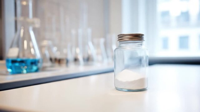 A clear glass jar with a metal lid contains a white substance, on a clean lab countertop