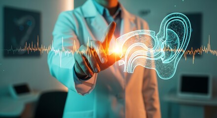 Futuristic medical concept with a doctor analyzing a glowing digital ear hologram for advanced hearing diagnostics