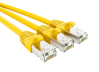 Three yellow ethernet network cables isolated on transparent background