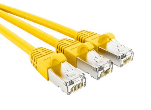Three yellow ethernet network cables isolated on transparent background