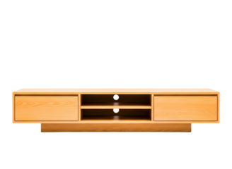 Modern light wood media console with open shelves isolated on transparent background