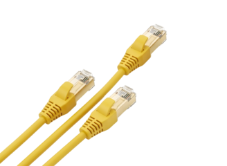 Three yellow ethernet network cables isolated on transparent background