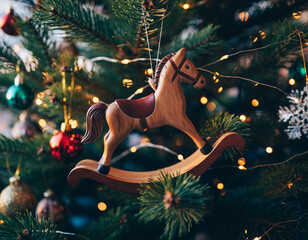 close up of wooden toy horse roated on tree branch.
Christmas tree decoration concept 