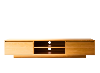Modern wooden media console with open shelves isolated on transparent background