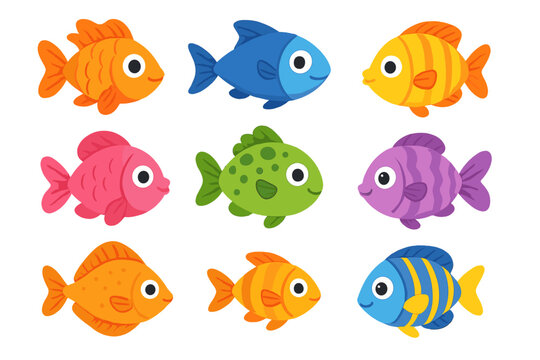 Collection of nine cute colorful cartoon fish characters swimming underwater