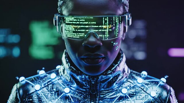 Black woman wearing augmented reality glasses for virtual experience, featuring coding script on the visor and circuitry patterns on her futuristic suit, representing cyber reality