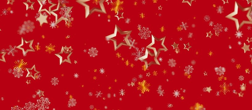 Christmas background with golden stars, snowflakes on red, perfect for holiday greetings, festive designs, and winter celebrations. A