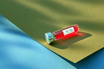 A clear glass vial with a silver cap, containing a red liquid, rests on a textured surface with a distinct shadow cast by sunlight.