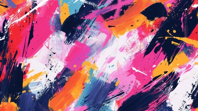 Abstract colorful painting with vibrant brush strokes in pink, blue, orange, and white. The composition features dynamic movement and energetic colors.