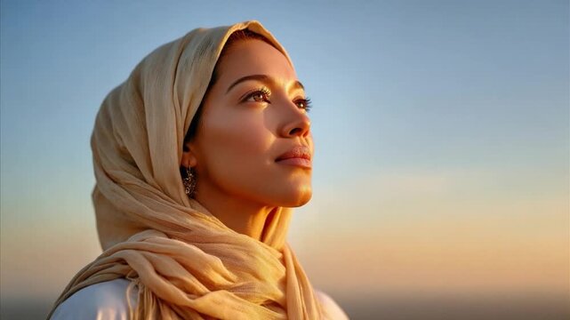 Gazing into the horizon: A young woman, wrapped in a scarf, looking towards the sky with a thoughtful expression, bathed in a warm, inviting light.