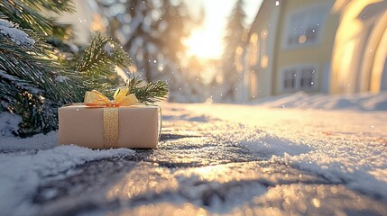 A Christmas gift rests on a snowy surface beside a pine branch, with a house and sunlight in the background.