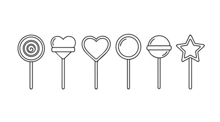 Collection of diverse lollipop shapes including round heart square and star in a simple outline silhouette design
