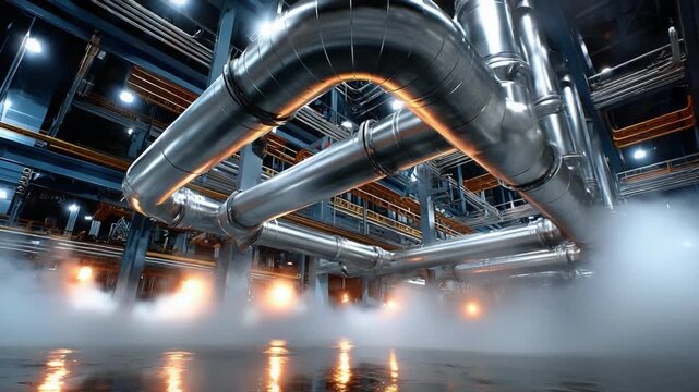 Industrial Infrastructure: An impressive network of metallic pipelines and structural frameworks creates a scene of engineering and industrial might. The scene is enhanced by atmospheric elements