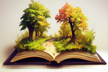 3d open-book with fantasy-landscape of autumn trees and path emerging on white background for storytelling and creative design use
