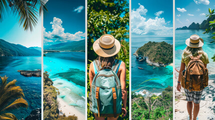 Beautiful travel scenes featuring a woman exploring tropical landscapes near the coast