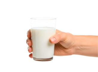 Hand holding a glass of milk isolated on transparent background