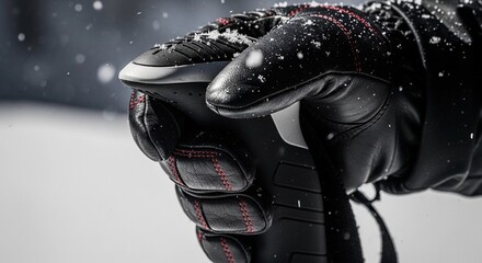 Close-up of a hand in a black leather ski glove with red stitching, gripping a ski pole handle during a snowfall.