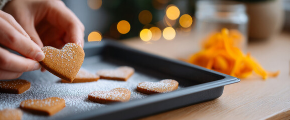 Hand holding heart-shaped gingerbread cookie dusted with powdered sugar on baking tray with blurred festive lights background