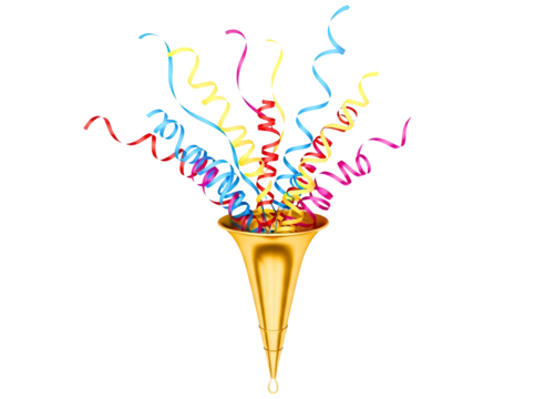 Golden party horn with colorful streamers exploding out isolated on transparent background