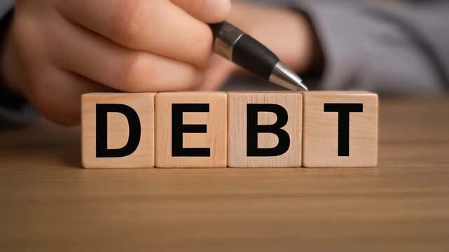 Wooden blocks spelling the word DEBT with a person in the background.