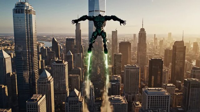Giant green insectoid cyborg crouching on a skyscraper rooftop, emitting crackling energy against a sunny urban skyline &mdash; menacing futuristic creature blending machine and mutation