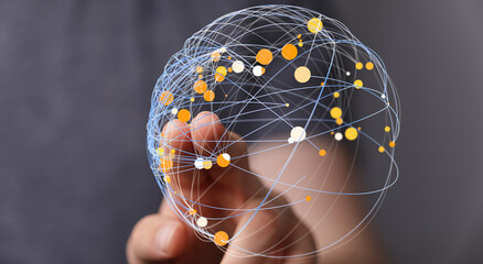 Abstract image of a human hand touching a digital globe symbolizing global connection and technological advancements. Perfect for bus