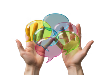 Hands holding colorful communication bubbles representing ideas and connection