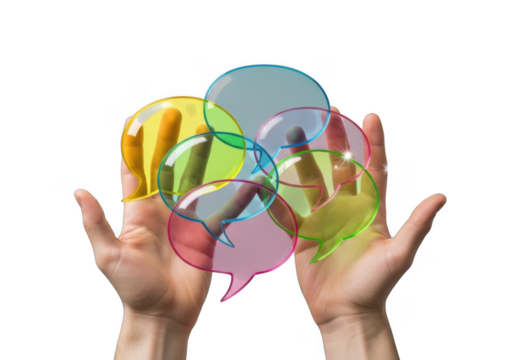 Hands holding colorful communication bubbles representing ideas and connection