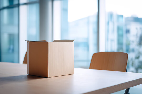A cardboard box sits on a table in a bright, modern office space near a window.