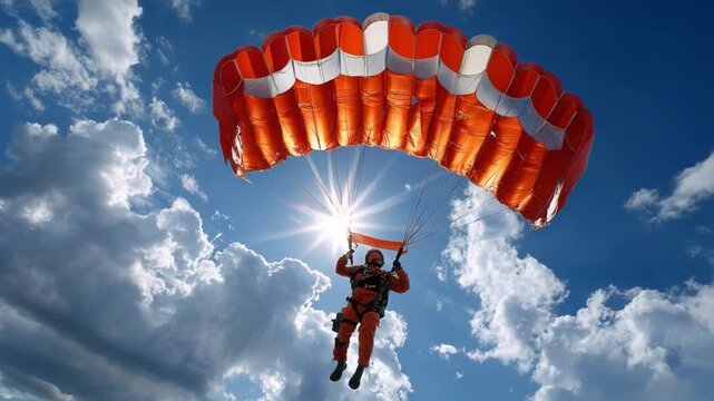 Soaring Above: A lone skydiver fearlessly descends beneath a vibrant parachute, silhouetted against a brilliant sun and a canvas of clouds.