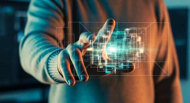 Human hand interacts with a glowing virtual interface, symbolizing advanced data connection, future innovation, and technological development in a networked computing environment