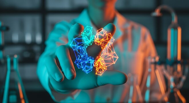 Scientist holding a glowing abstract data structure in a futuristic laboratory, symbolizing advanced research, technological innovation, and scientific discovery