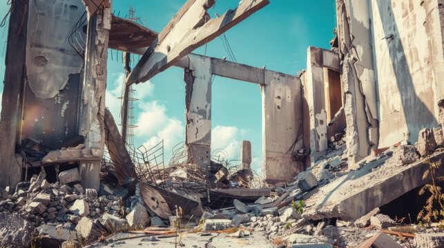 A collapsed building with exposed concrete and debris scattered on the ground. The sky is clear with a few clouds visible.