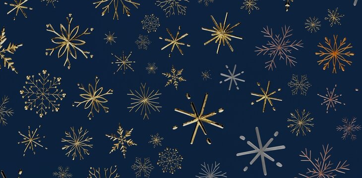 Christmas background of gold snowflakes on a dark blue background. Festive design for holiday celebrations, seasonal events, and wint