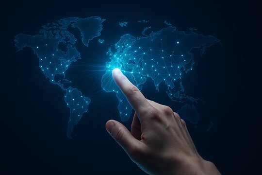 Human hand interacting with glowing digital world map, global communication concept.