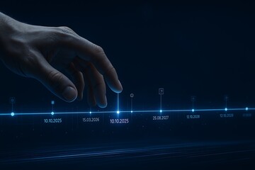 Human hand interacting with a futuristic digital timeline showing important dates and events