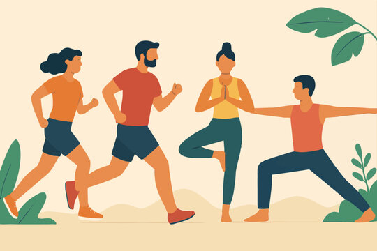 Illustration of diverse people engaged in outdoor fitness activities, showcasing health and wellness