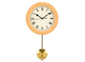 Oval wooden pendulum clock with roman numerals isolated on transparent background