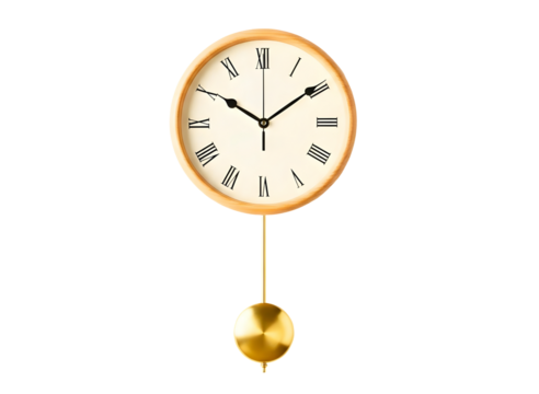 Oval wooden pendulum clock with roman numerals isolated on transparent background