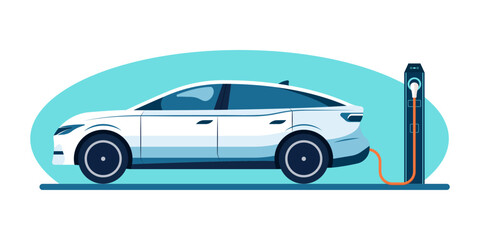 Electric vehicle on charging station. Electric car charging point. Vector illustration.