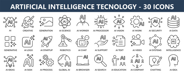 Artificial Intelligence vector editable icons. Collection of AI linear icons.