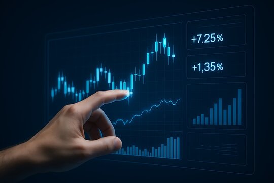 Hand touching a glowing digital screen displaying stock market data and financial growth