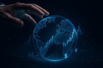 Hand touching digital earth globe with global financial charts, currency, and data
