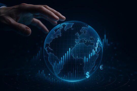 Hand touching digital earth globe with global financial charts, currency, and data