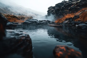 Relaxing in a secluded volcanic hot spring with misty surroundings iceland nature scene tranquil environment ground-level view serenity and escape