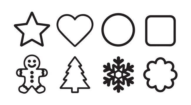 Collection of eight simple outline shapes including a star heart oval square gingerbread man tree snowflake and flower silhouette