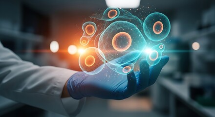 Close-up of a scientist's hand in a laboratory holding a futuristic hologram of glowing biological cells for medical research