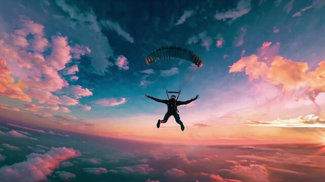 Aerial video captures a skydiver mid-fall against a vibrant sunset sky. The wide-angle lens emphasizes the vastness and thrill of the descent.