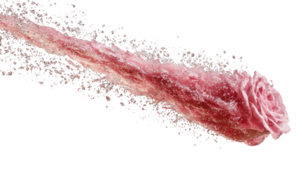 Blooming rose disintegration on black, leaves blurring into stardust